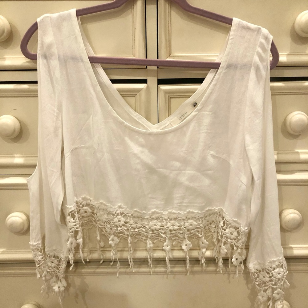 LF Millau Long Sleeve Fringe Trim White Crop Top